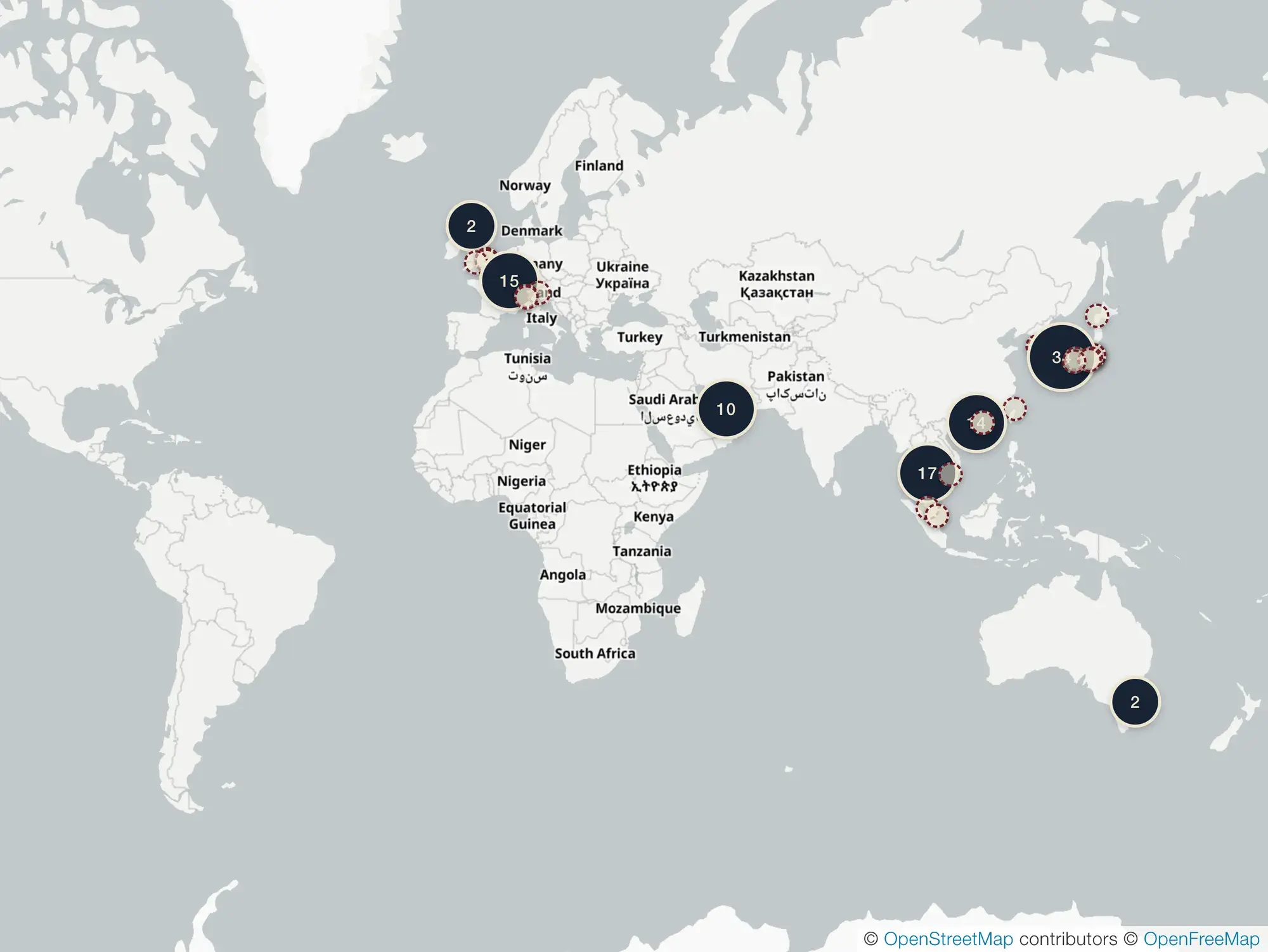 The guide's map — hotels and branded residences worldwide